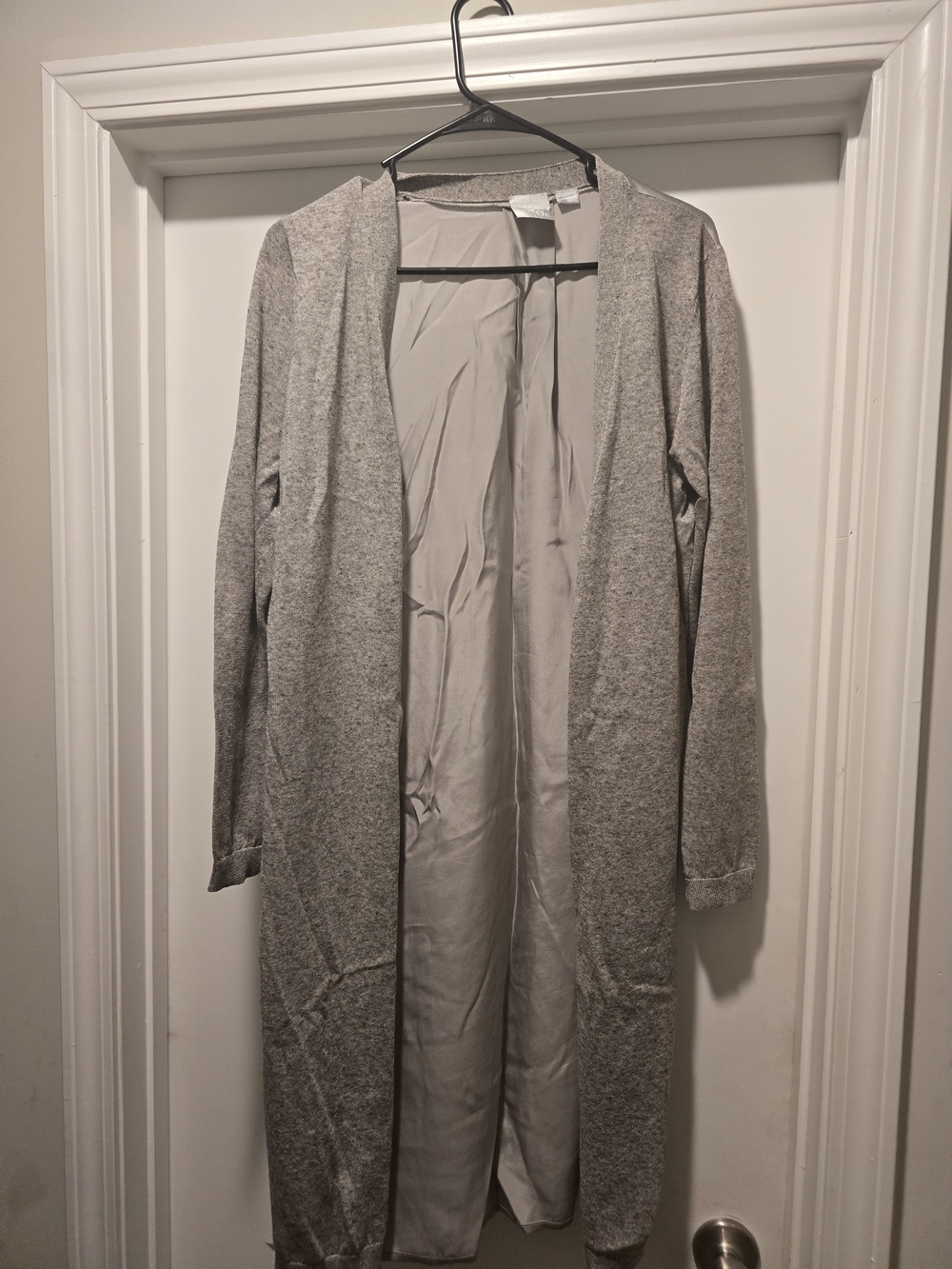 Oc Silk Back Mixed Media Duster Cardigan Gray Linen Blend Open Front Long Line M